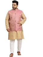 SOJANYA (Since 1958 Mens Silk Blend Dark Gold Embroidered Kurta & Self Design Nehru Jacket with White Churidar Set Size-4XL