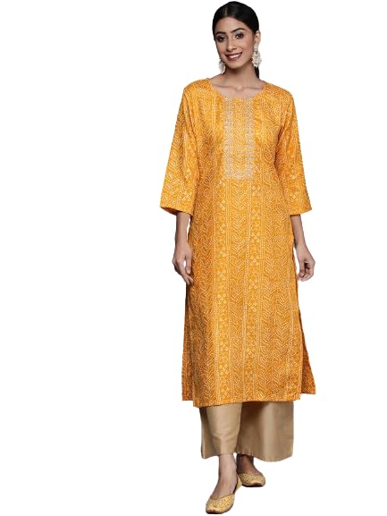 Varanga Women Mustard Gold Printed Embroidered Kurta