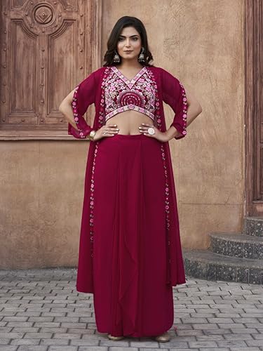 Womanista WomenS Georgette Solid Straight Crop Top With Skirt & Jacket (Kurtaset_1388_Fuschia