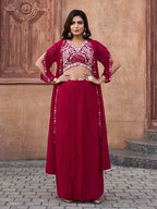 Womanista WomenS Georgette Solid Straight Crop Top With Skirt & Jacket (Kurtaset_1388_Fuschia
