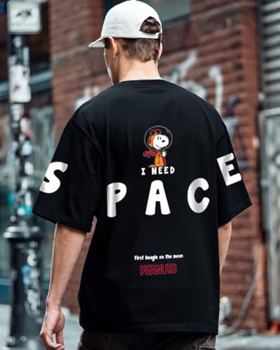 Bewakoof Official Peanuts Merchandise MenS Graphic Print Oversized Fit Half Sleeve Round Neck Cotton T-Shirt_630667_Black_Xl