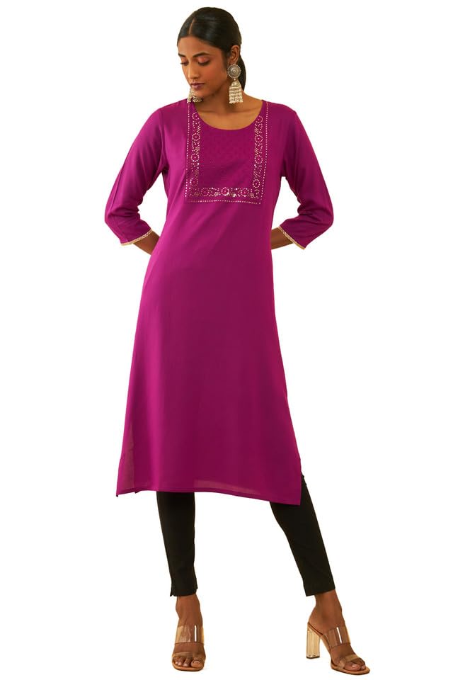 Soch Womens Magenta Rayon Yoke Design Straight Kurta With Sequins