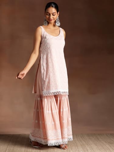 Libas Womens Embroidered Cotton Straight Kurta With Sharara And Dupatta