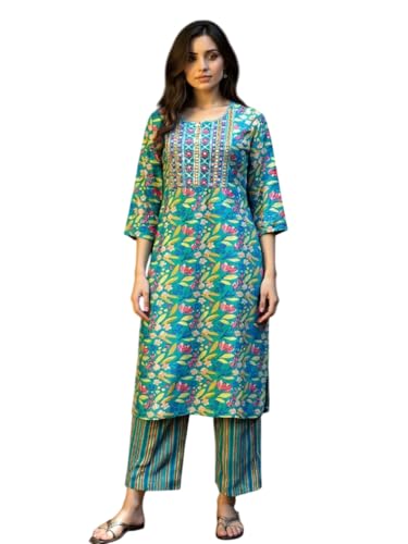 Rangita Women Teal Rayon Embroidered Straight Calf Length Kurta With Pant_2Xl