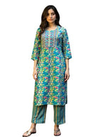 Rangita Women Teal Rayon Embroidered Straight Calf Length Kurta With Pant_2Xl
