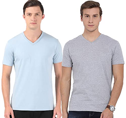 ADRO Men's V Neck Combo Plain Cotton T-Shirts_VCM2-PLN-GR-SK-XL