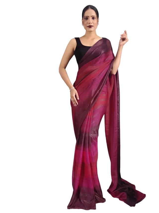 Satrani Womens Georgette Printed & Ready To Wear Saree with Unstitched Blouse Piece (3374S361NA_Pink &Wine3)