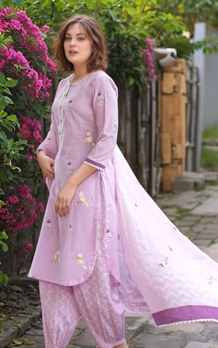 ANNI DESIGNER Womens Rayon Blend Hand Block Printed Straight Kurta with Pant & Dupatta (RAGSRI-Purple-NW_S_Purple_Small)