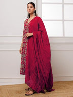 ANNI DESIGNER Womens Cotton Blend Anarkali Printed Kurta with Pant & Dupatta (Dabu Red_L_Red_Large)