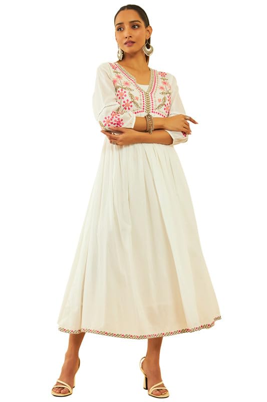 Soch Womens Off White Cotton Embroidered Empire Dress With Cutdana