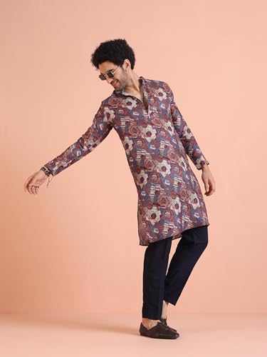 Kisah Men Berry Ethnic Motifs Printed Mandarin Collar Straight Kurta Full Sleaves, Knee Length, Straight, Regular Fit, Mandarin