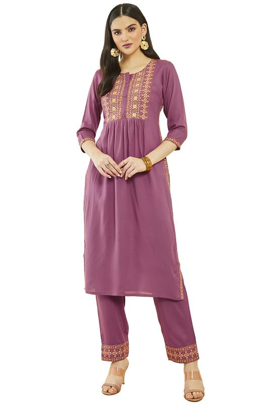 Soch Women Rayon Floral Embroidered Round-Neck Straight Kurta Sets