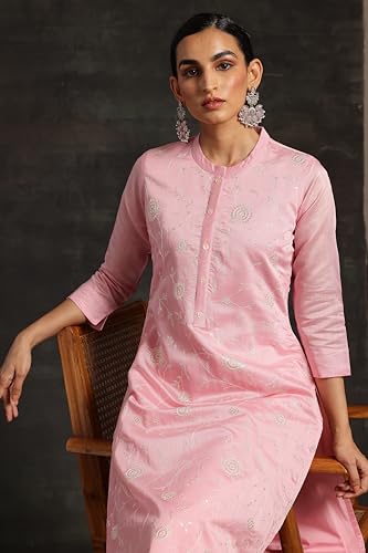 Libas Pink Woven Design Chanderi Silk Straight Kurta