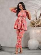 Anubhutee Ethnic Motif Printed Peplum Belted Top With Trouser Pant Set