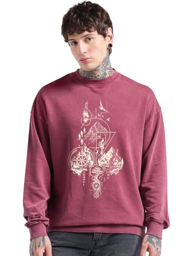 Bewakoof MenS Graphic Print Oversized Fit Full Sleeve Round Neck Cotton Blend Sweatshirt_1500635_Red_S