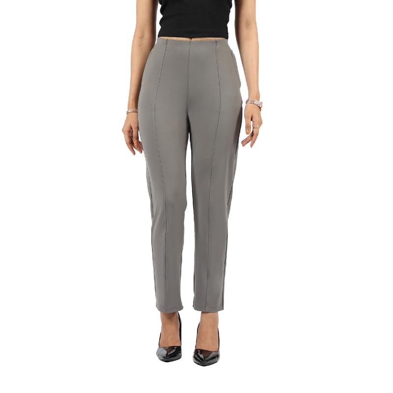 BlissClub Women The Ultimate High Rise Straight Pants|Trousers for Women|Straight Fit|Pintuck Design|Polyester,Dark Grey