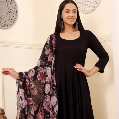 Toochki WomenS Black Rayon Fit & Flared Ethnic Gown With Dupatta For Women | Ethnic Gowns Set | Ethnic Anarkali Set | Dress For