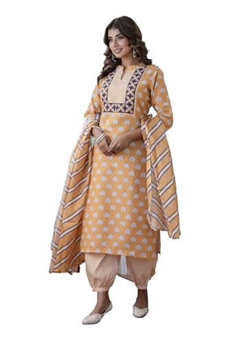 Lookmark Women'S Printed Cotton Blend Straight Kurta Afghani Pant Dupatta Set - Ethnic Elegance Embodied | Perfect Fusion Of Tra