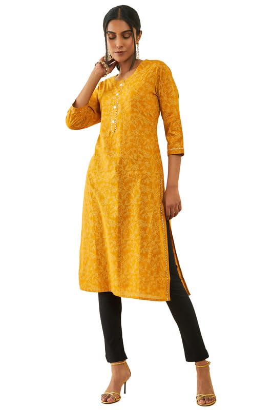 Soch Womens Mustard Cotton Floral Print Straight Kurta With Gotta Patti Work