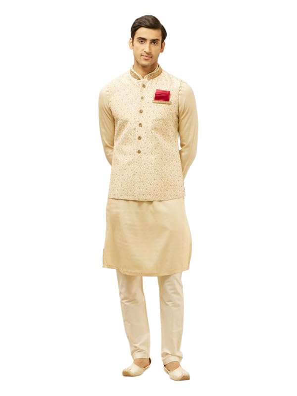 Manyavar Mens Beige Art Silk Self Design Jacket