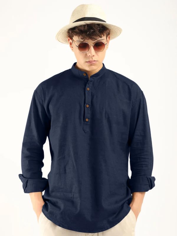 Macsivo MenS Cotton Polyester Blend Solid Regular Fit Full Sleeve Short Kurta Navy