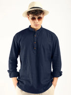 Macsivo MenS Cotton Polyester Blend Solid Regular Fit Full Sleeve Short Kurta Navy