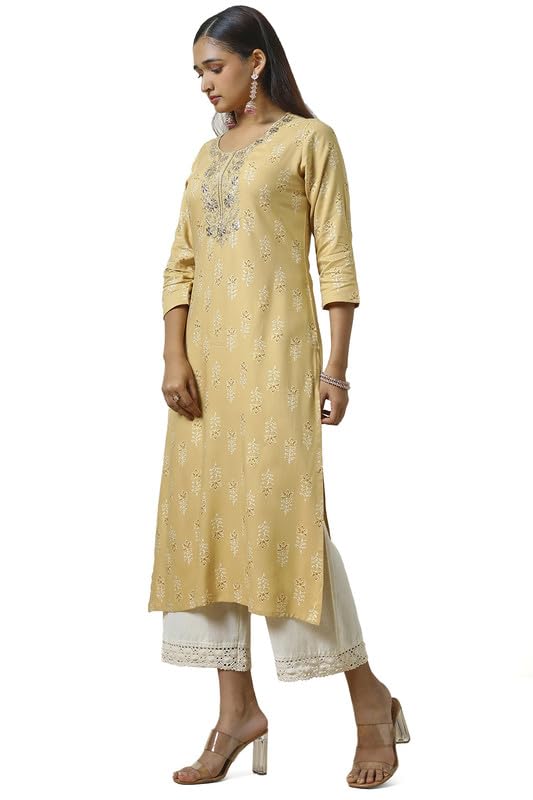 Soch Womens Beige Rayon Foil Print Kurta with Gotta Patti
