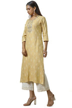 Soch Womens Beige Rayon Foil Print Kurta with Gotta Patti