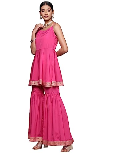 Ziyaa Women'S Pink Crepe Kurta, Sharara And Dupatta Set