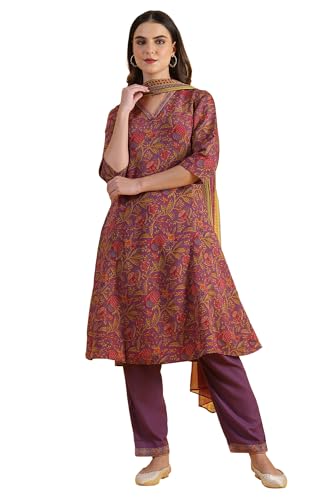 W For Woman Purple Printed Flarred A-Line Kurta & Straight Pant With Dupatta Set (Size: M)-24Auws12009-124751