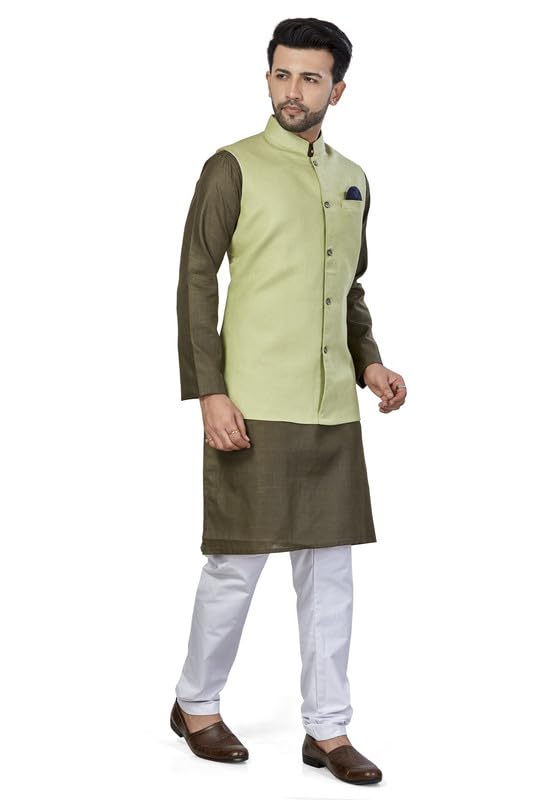 Be Active MenS Solid Linen Blend Kurta Pyjama 3 Piece Set || Men Kurta Pajama With Modi Jacket || Kurta Pajama Nehru Jacket For