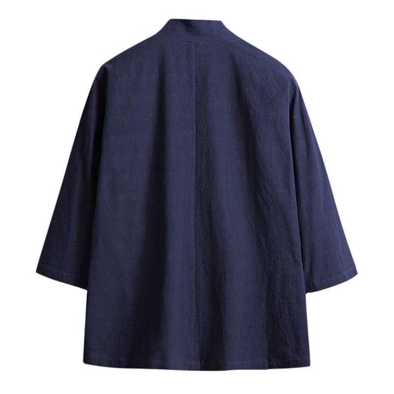 Haseil Men's Kimono Cardigan Japanese Jackets Casual Cotton 3/4 Sleeve Shirt Open Front Coat Lightweight Linen Yukata, Navy Blue