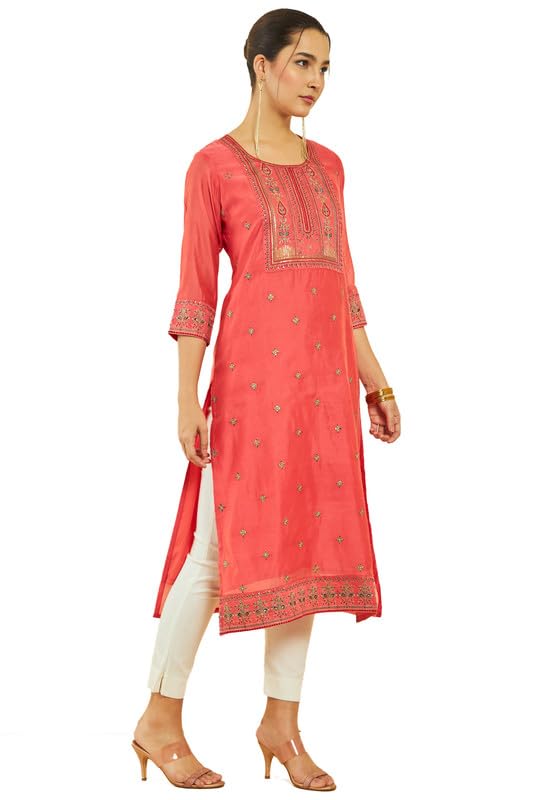 Soch Womens Chanderi Embroidescoop-Neck Straight Kurta With Pocket