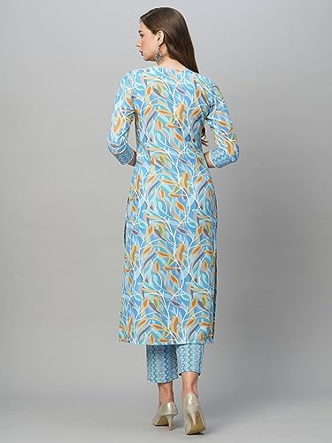 ANNI DESIGNER Womens Cotton Blend Straight Printed Kurta with Pant Set (Pahal Blue_XL_Blue_X-Large)