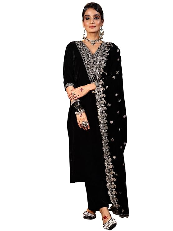 Libas Embellished Velvet Straight Kurta With Trousers and Dupatta-36975-3XL