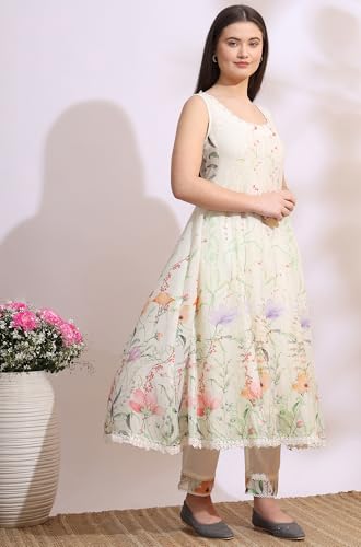 W For Woman Cream Floral Printed Kota Sleeveless Anarkali Kurta, Pants And Dupatta Set
