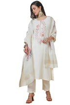 Soch Womens Cream Notched Neck Silk Blend Embroidered Suit Set
