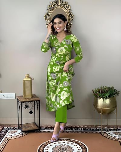ANNI DESIGNER Womens Cotton Blend Straight Printed Kurta with Pant (DHUN Green_S_Green_Small)