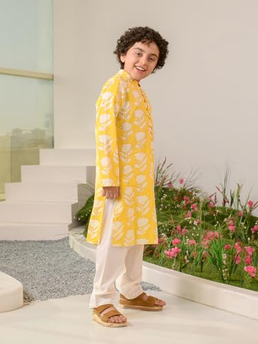 Pspeaches Boys Floral Printed Pure Cotton Kurta With Pyjamas
