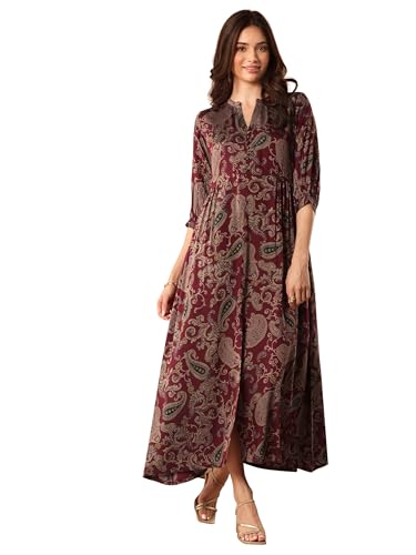 Libas Womens Printed Rayon Fit And Flare Dress For Women Maroon