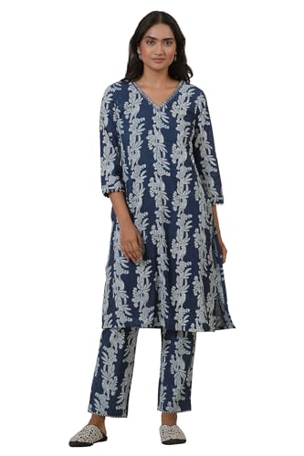 W For Woman Folksong Blue Animal Print Cotton Straight Kurta_24Maf11884-911296_M