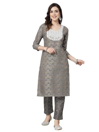 Stylum Women'S Printed & Embroidered Cotton Blend Straight Kurta Pant Set (Kpgreychika42_Grey, Xl)