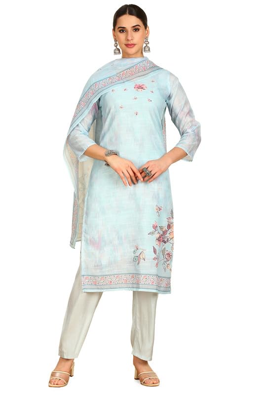 Soch Women Linen Floral Print Unstitch Dress Material with Faux Mirror and Sequins