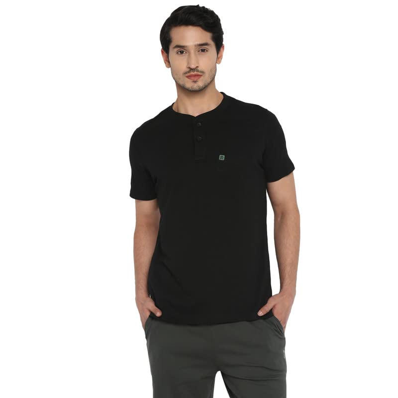 Turtle Men Essentials Black Solid Henley Neck T-Shirts