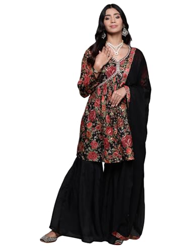 Libas Black Embroidered Organza A-Line Kurta With Sharara & Dupatta