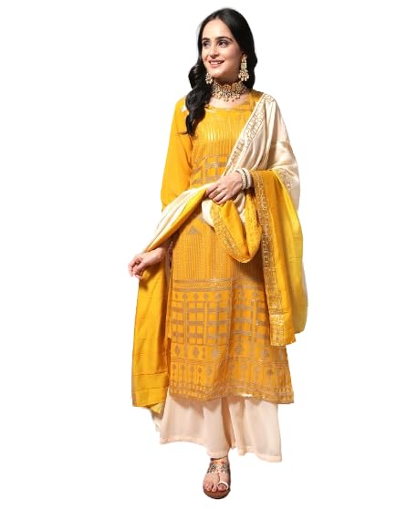 Varanga Women Yellow Sequins Embellished Kurta Paired With Contrast Sharara And Ombre Dupatta