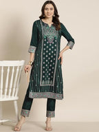Ziyaa Women'S Art Silk Green Color Chinon Straight Foil Printed Kurta And Pant Set