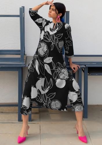 ANNI DESIGNER Womens Cotton Blend Straight Printed Kurta with Pant (ANAAR-Black_S_Black_Small)