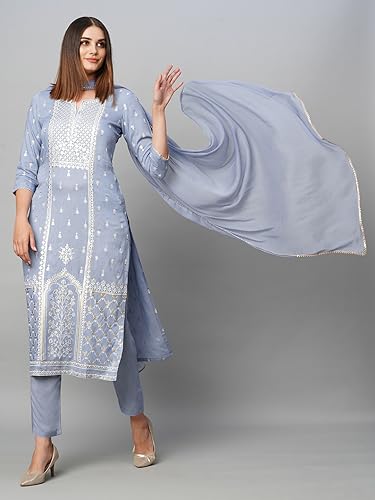 ANNI DESIGNER Womens Cotton Blend Straight Printed Kurta with Pant & Dupatta (Paridhan Grey_S_Grey_Small)