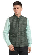 Turtle Men Terry Rayon Dobby Print Slim Fit Dark Green Nehru Jacket